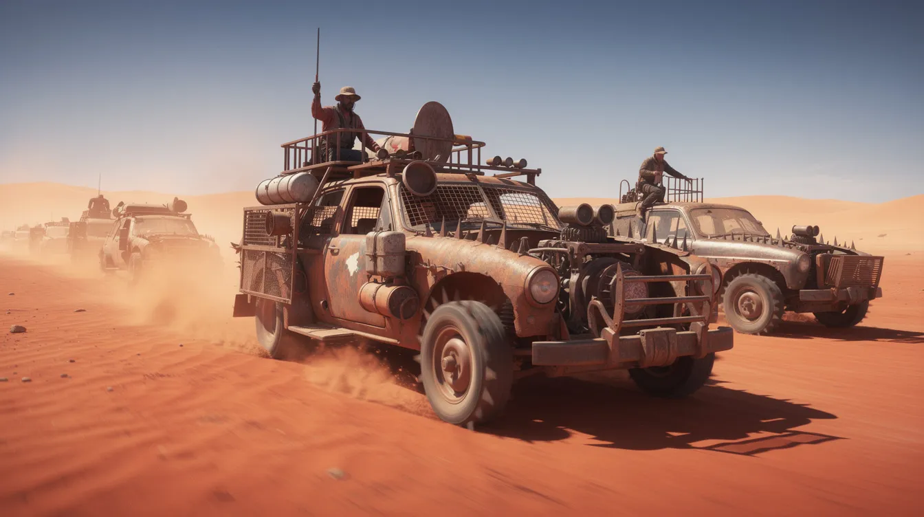 Eine staubige Wüstenlandschaft zeigt einen Konvoi aus umgebauten, rostigen Fahrzeugen, die durch den orangefarbenen Sand rasen, während im Hintergrund ein klarer blauer Himmel zu sehen ist. Diese Szene erinnert an dystopische Filme wie "Mad Max" und spiegelt eine raue Zukunftsvision der Menschheit wider.