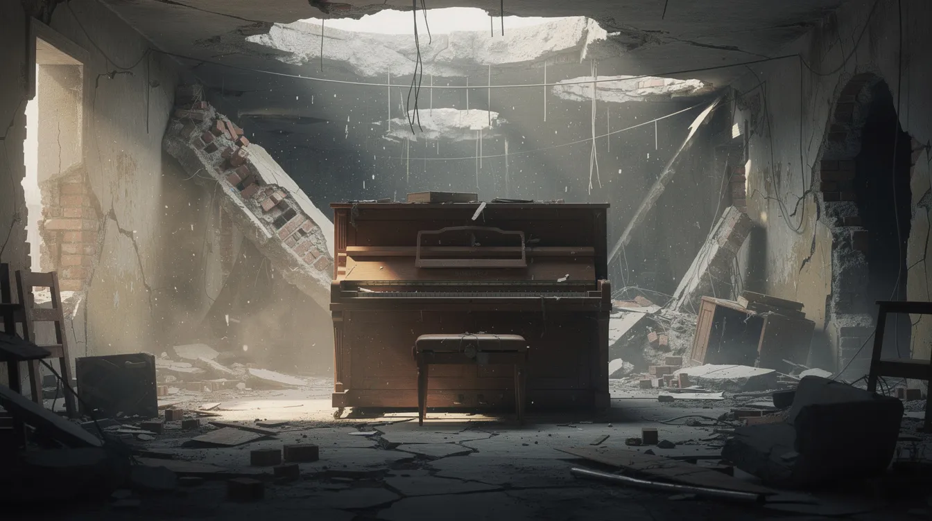 Ein einzelnes Klavier steht einsam in einem zerstörten Raum mit eingestürzten Wänden, während Staubpartikel in der Luft tanzen. Diese Szene erinnert an die dramatischen Umstände des Überlebens des polnischen Pianisten Władysław Szpilman im Warschauer Ghetto während des Zweiten Weltkriegs.