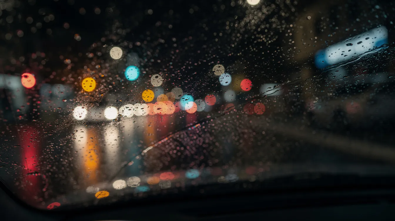 Die Nahaufnahme einer Windschutzscheibe bei Nacht zeigt verschwommene Stadtlichter und Regentropfen, die Lichtreflexe erzeugen, was an die düstere Atmosphäre des Films "Taxi Driver" erinnert. Diese Szene vermittelt ein Gefühl von Einsamkeit und urbanem Kampf, typisch für die Darstellung von New York in der Filmgeschichte.