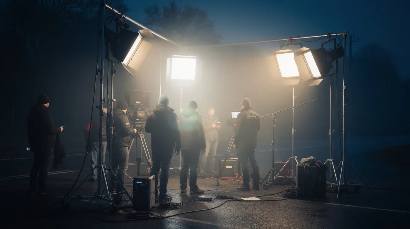 Eine Filmcrew führt Nachtdreharbeiten im Freien durch, während große Scheinwerfer und Lichtaufbauten im Hintergrund sichtbar sind. Crew-Mitglieder, darunter der Gaffer und der Best Boy, arbeiten im Gegenlicht, um die Szene optimal auszuleuchten.