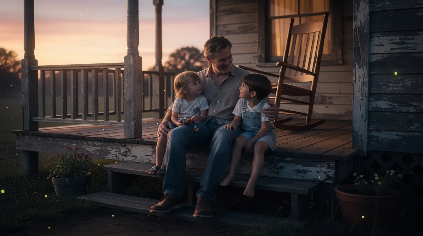 Ein Vater sitzt mit seinen zwei Kindern auf der Veranda eines alten Holzhauses im Süden der USA, während die Abenddämmerung ein warmes Licht verbreitet. Diese Szene erinnert an die Kindheit und die Werte aus dem Roman „Wer die Nachtigall stört“ von Harper Lee, in dem Themen wie Rassismus und Gerechtigkeit behandelt werden.