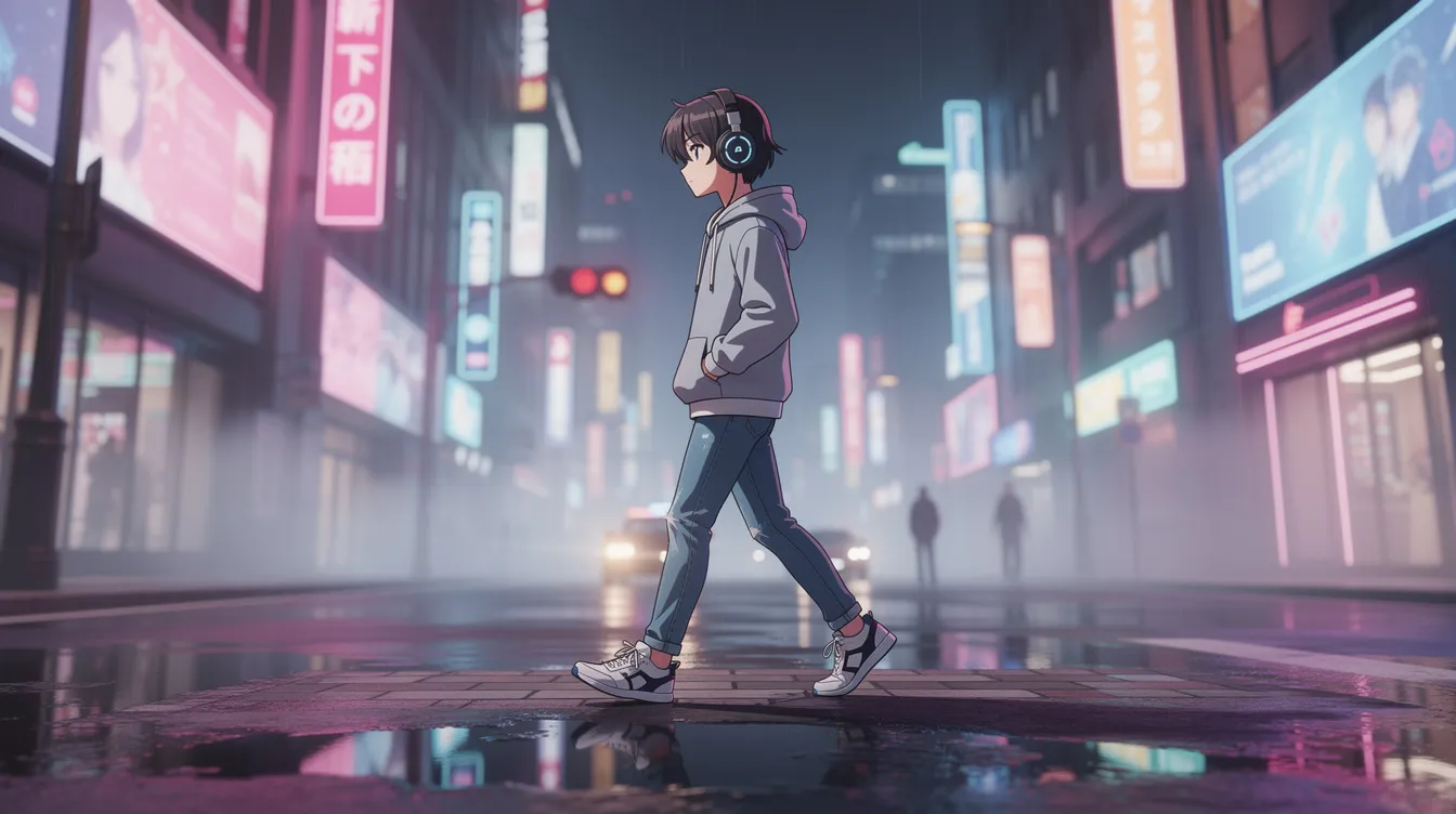 Ein animierter Teenager mit Kopfhörern geht durch eine neonbeleuchtete urbane Straße bei Nacht, während bunte Reflexionen auf dem nassen Pflaster schimmern. Diese Szene könnte aus "Spider-Man: A New Universe" stammen, das die aufregende Atmosphäre von New York City einfängt.