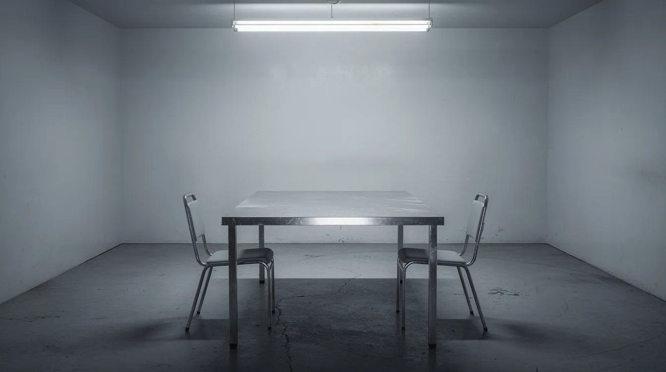 Der karg beleuchtete Verhörraum zeigt einen Metalltisch mit zwei Stühlen, umgeben von leeren Wänden und kaltem Neonlicht, was eine düstere Atmosphäre schafft, die an eine Episode einer TV-Serie erinnert, in der die Charaktere in einem begrenzten Setting interagieren müssen. Diese Art von "bottle episode" erzeugt oft Spannung und lässt die Figuren in intensiven Momenten miteinander agieren.
