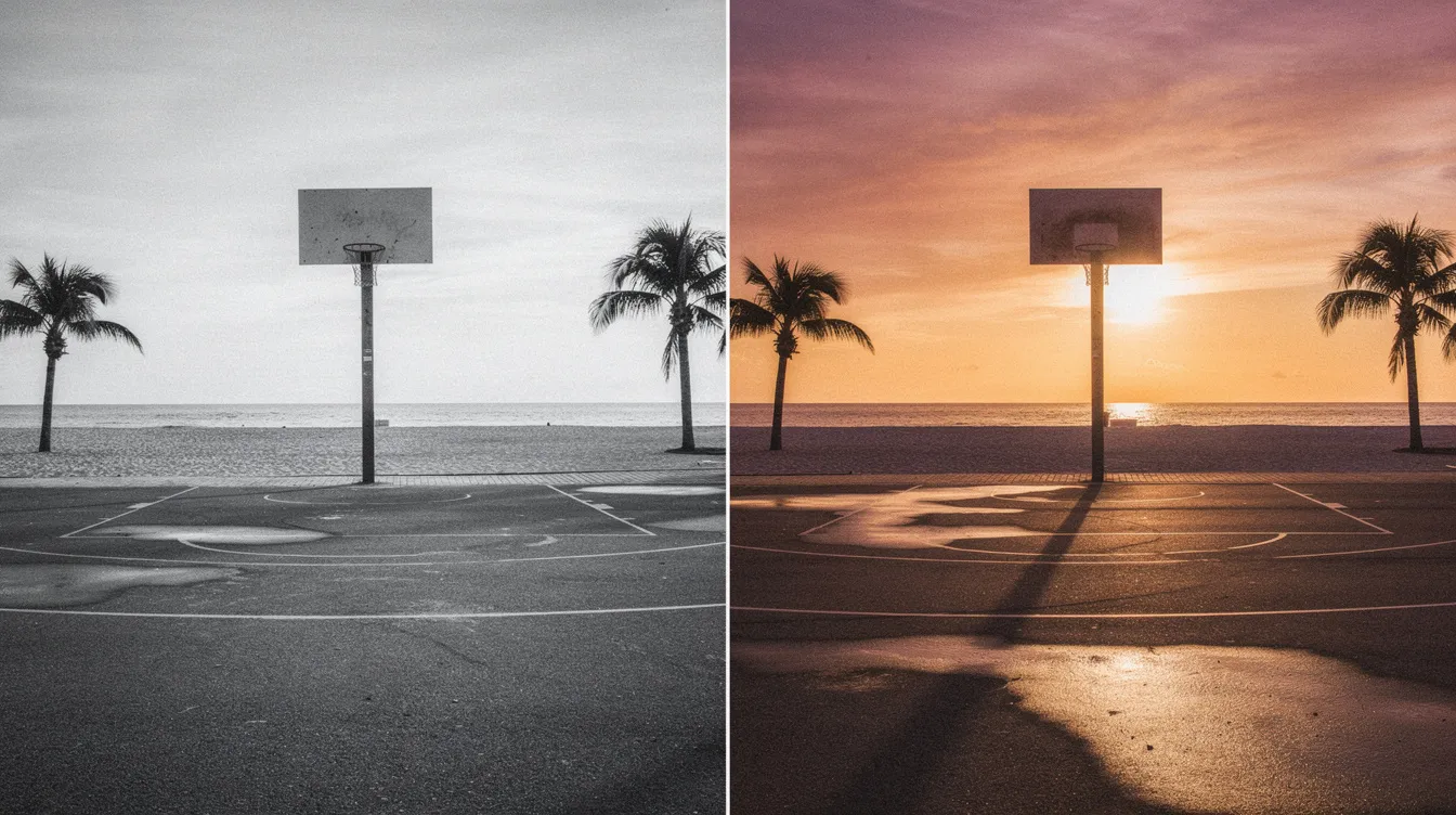 Das Bild zeigt links eine kontrastreiche Schwarz-Weiß-Aufnahme eines Basketballplatzes am Strand, während rechts dieselbe Szenerie in warmen Farbtönen bei Sonnenuntergang dargestellt ist. Diese Gegenüberstellung könnte als visuelle Metapher für die Themen von American History X dienen, die sich mit der Dualität von Licht und Schatten in der Gesellschaft auseinandersetzen.