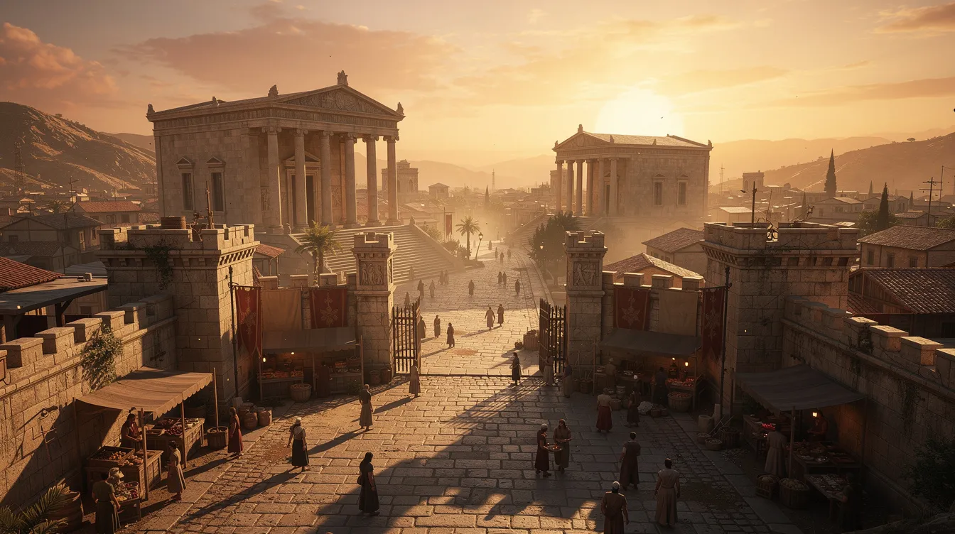 Die Panoramaaufnahme zeigt eine antike Stadt bei Sonnenuntergang, in der majestätische Tempel und hohe Mauern erkennbar sind. Kleine Figuren bewegen sich auf den Straßen und verleihen der Szene, die an einen Monumentalfilm wie "Ben Hur" erinnert, eine lebendige Atmosphäre.