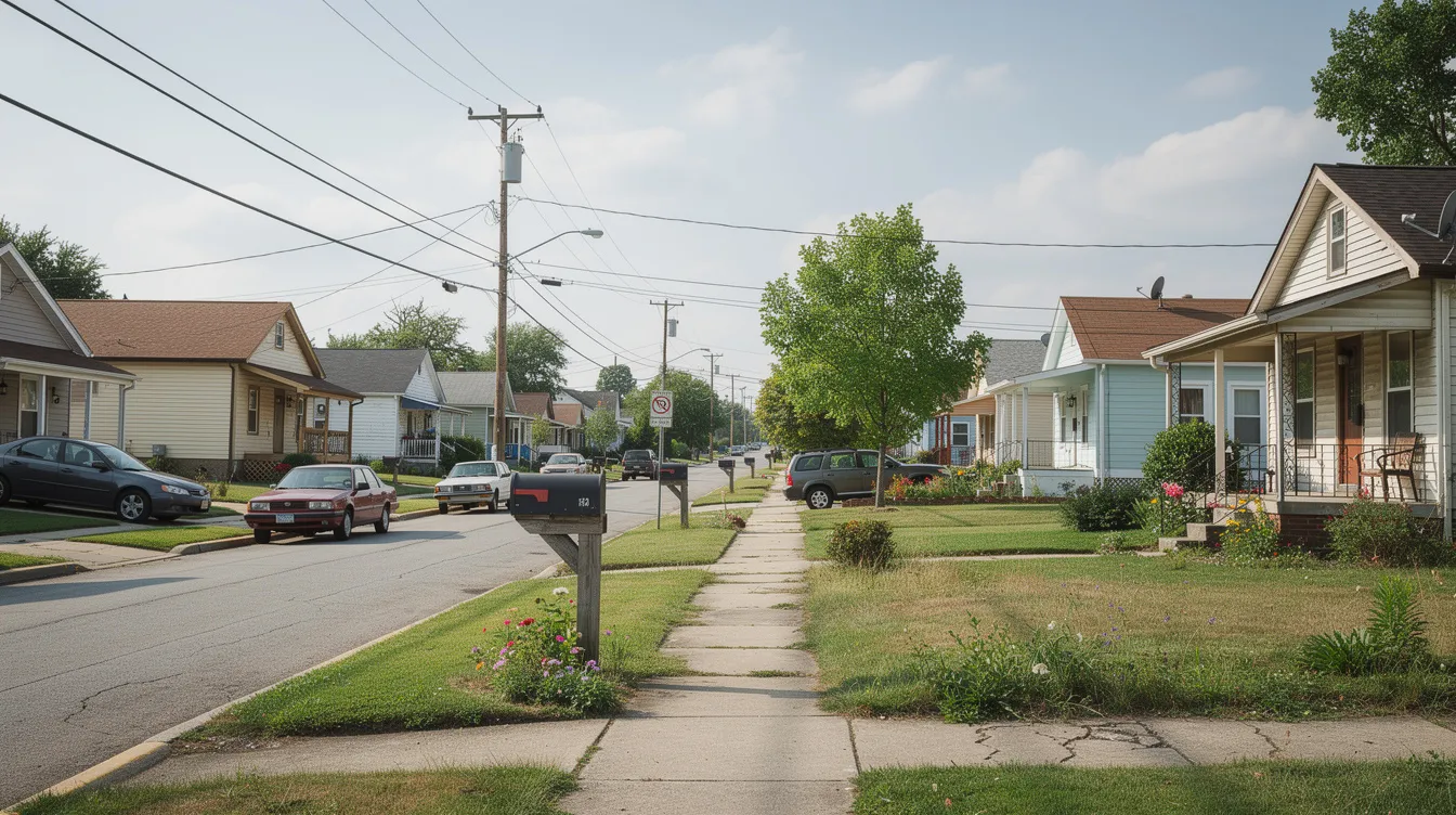 Die ruhige Vorstadtstraße zeigt bescheidene Einfamilienhäuser mit gepflegten Vorgärten, während einige Grundstücke leicht verwahrlost wirken, was ein typisches Bild einer amerikanischen Nachbarschaft darstellt. Diese Szenerie könnte in einem Film wie "Gran Torino" vorkommen, in dem Themen wie Nachbarschaft und Vorurteile behandelt werden.