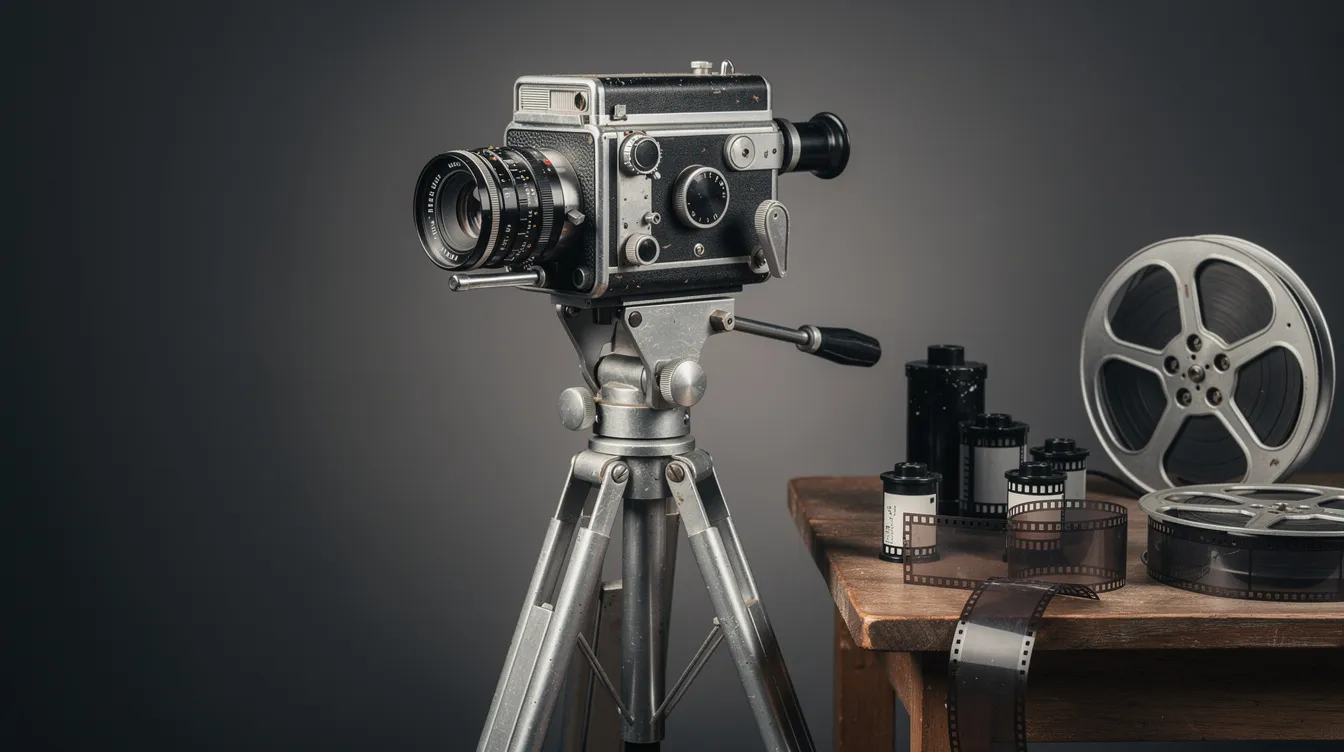 Auf einem Stativ steht eine Vintage Filmkamera aus den 1960er Jahren, umgeben von Schwarzweiß-Filmrollen, die an die Ära des Film noir und die Nouvelle Vague erinnern. Diese professionelle Ausrüstung verkörpert den Retrostil, der mit Filmemachern wie Jean-Luc Godard und François Truffaut verbunden ist.