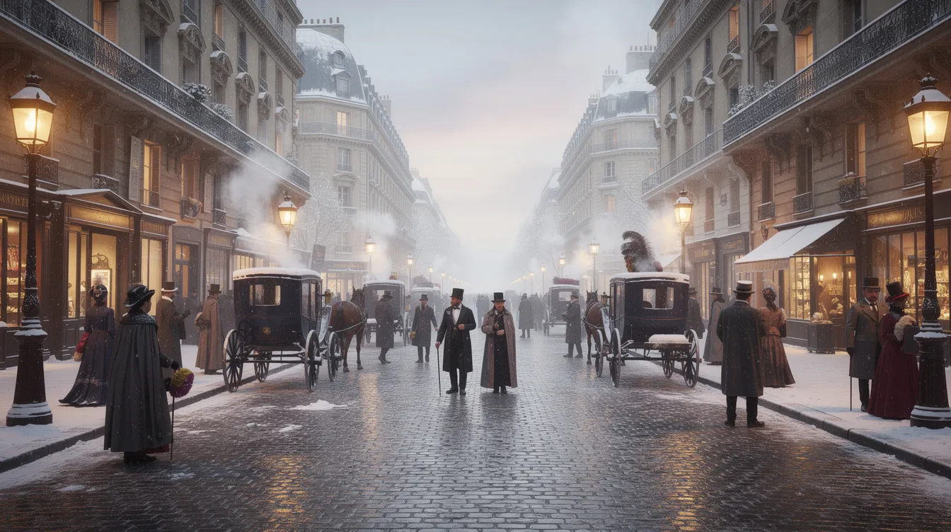 Das Bild zeigt einen eleganten Pariser Boulevard im Winter des späten 19. Jahrhunderts, beleuchtet von Gaslaternen, mit Pferdekutschen und flanierenden Menschen in Mänteln und Hüten. Diese Szenerie spiegelt die Atmosphäre der damaligen Zeit wider, als die Brüder Lumière und andere Erfinder die Grundlagen für die Filmgeschichte legten.