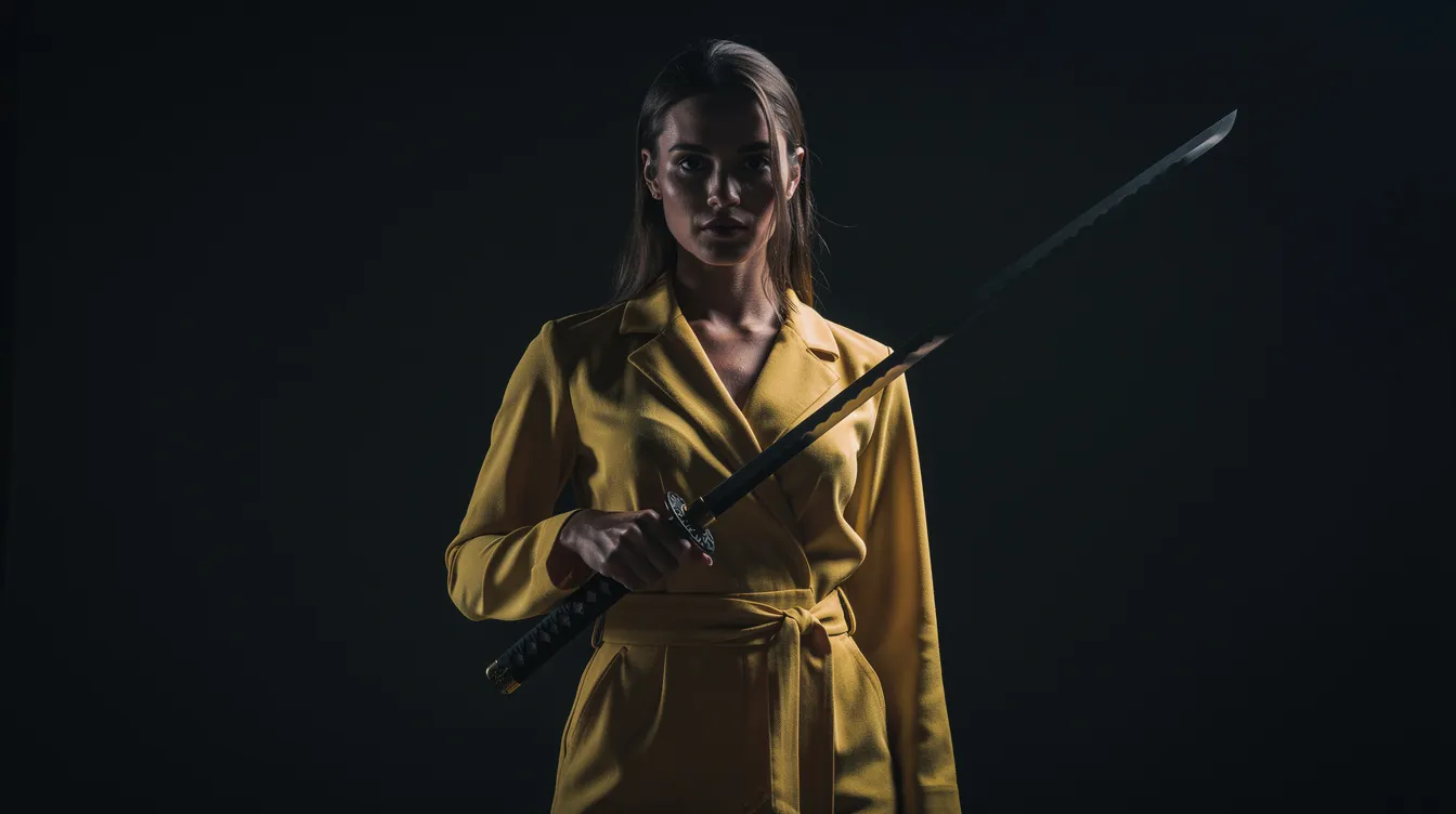 Eine Frau in einem leuchtend gelben Overall hält ein Samurai-Schwert und steht vor einem dramatisch beleuchteten, dunklen Hintergrund. Diese kraftvolle Pose erinnert an Figuren aus Quentin Tarantinos Rache-Epos "Kill Bill".