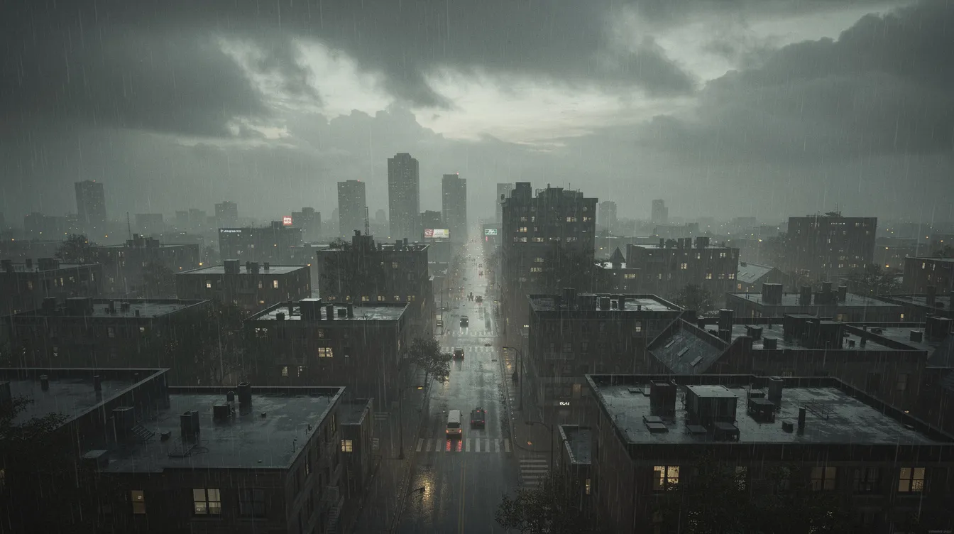 Ein weites Stadtpanorama zeigt eine düstere Szene im Regen bei Dämmerung, in der stark entsättigte Farben und graue sowie grünliche Töne dominieren. Die nassen Dächer reflektieren das schwache Licht und erzeugen eine melancholische Atmosphäre, die an die Stimmung in einem Thriller wie "Se7en" erinnert.