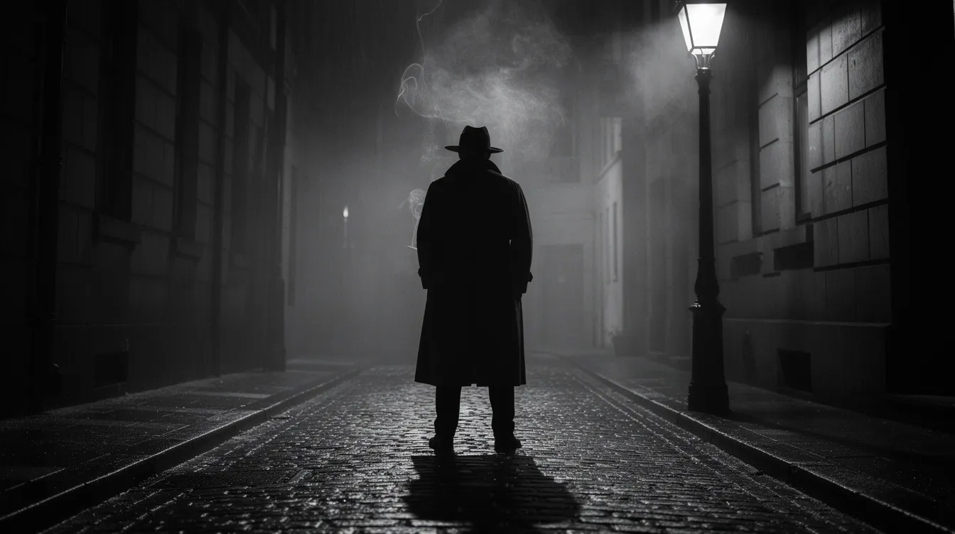 Die Silhouette eines Mannes in einem Hut und Trenchcoat steht in einer dunklen Gasse, umgeben von Zigarettenrauch und dem schwachen Licht einer Straßenlaterne. Diese Schwarzweißästhetik vermittelt eine geheimnisvolle Atmosphäre, die an klassische Filmgeschichten erinnert.