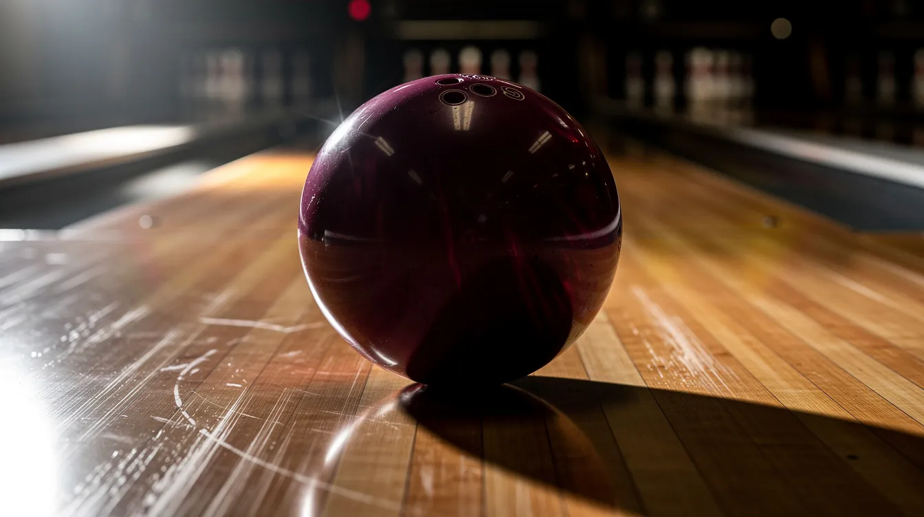 Eine glänzende Bowlingkugel rollt über eine polierte Bowlingbahn, während dramatische Seitenbeleuchtung die Szene akzentuiert. Diese Nahaufnahme könnte direkt aus einem Film wie "The Big Lebowski" stammen, in dem Bowling eine zentrale Rolle spielt.