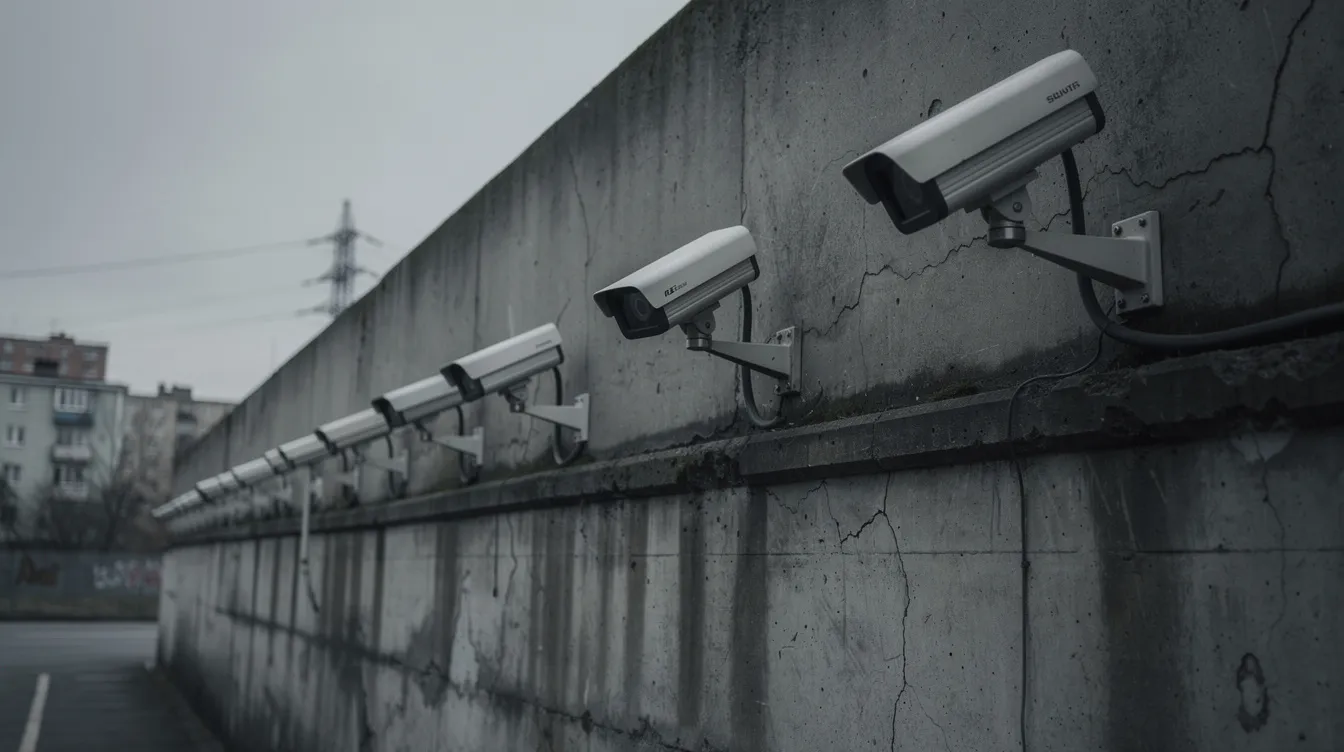 Eine Reihe von Überwachungskameras ist an einer grauen Betonwand befestigt, die in einer tristen urbanen Umgebung steht, umgeben von einem grauen Licht, das eine industrielle und dystopische Atmosphäre schafft. Diese Szene erinnert an die Zukunftsvisionen aus Science-Fiction-Filmen wie "Children of Men" und "Blade Runner".