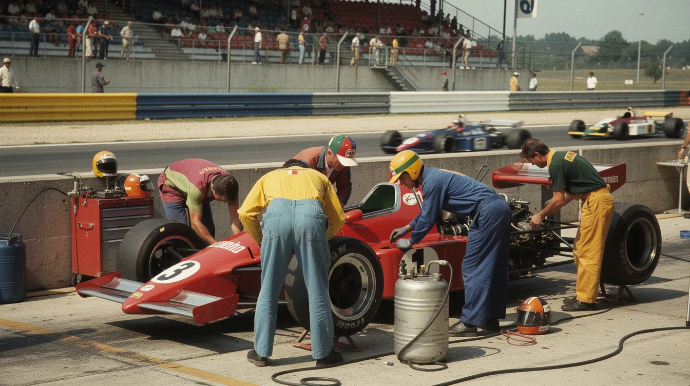 Eine lebendige Szene aus den 1970er Jahren in der Formel 1, in der Mechaniker in einfachen Overalls an einem roten Rennwagen arbeiten, während im Hintergrund andere Vintage-Rennwagen vorbeifahren. Diese Darstellung fängt die Atmosphäre des Rennsports und die Rivalität zwischen Rennfahrern wie James Hunt und Niki Lauda ein.