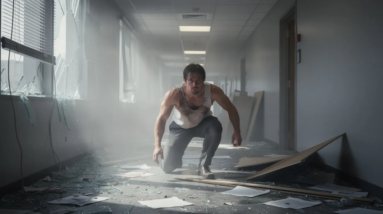 Ein Mann in einem schmutzigen weißen Unterhemd, der an John McClane erinnert, bewegt sich geduckt durch einen verrauchten Bürokorridor mit zerbrochenen Fenstern, während die Atmosphäre an die spannungsgeladenen Szenen aus dem Actionfilm "Stirb langsam" erinnert. Der düstere Hintergrund und die zerfallene Umgebung verstärken das Gefühl von Gefahr und Anspannung.