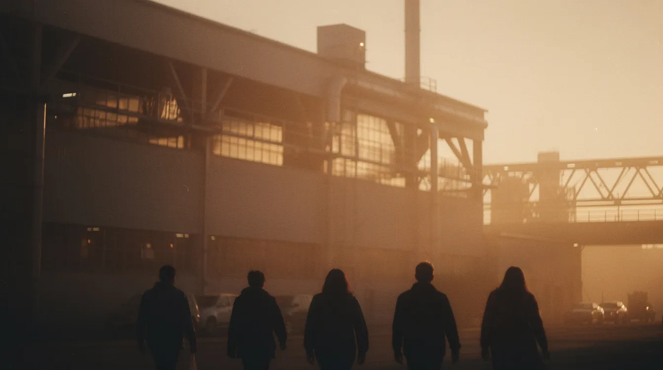 Die Silhouetten von sechs Figuren, die sich von einem Industriegebäude entfernen, sind in einem warmen Abendlicht leicht unscharf und körnig dargestellt. Diese Szene erinnert an die stilvolle Ästhetik von Quentin Tarantinos Film "Reservoir Dogs", in dem die Charaktere wie Mr. Blonde und Mr. White zentrale Rollen spielen.