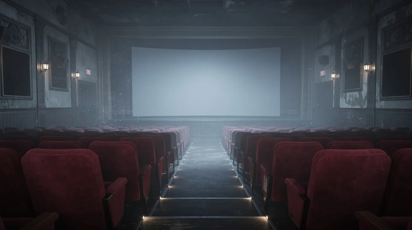 In einem alten Kinosaal im Halbdunkel stehen rote Samtsessel, während die Leinwand ein diffuses bläuliches Licht ausstrahlt, das eine geheimnisvolle und angespannte Atmosphäre schafft, die typisch für das Horrorfilm-Genre ist. Der Raum ist still, als ob die Zuschauer auf den nächsten Schrecken warten, der sie in den Bann ziehen wird.