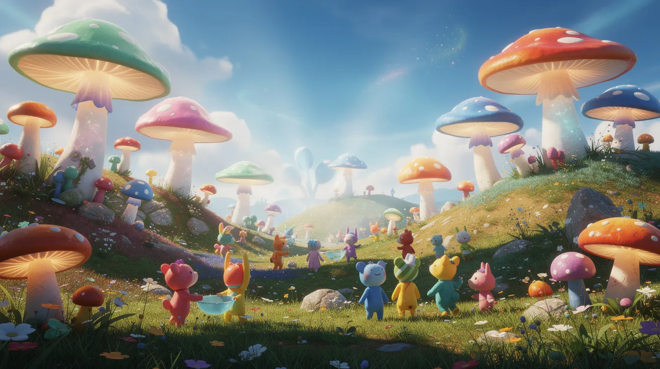 Die bunte Fantasy-Landschaft zeigt pilzförmige Gebilde unter einem leuchtend blauen Himmel, während kleine, farbenfrohe Figuren fröhlich in dieser heiteren Szenerie umherlaufen. Diese lebendige Darstellung erinnert an die fantasievollen Welten aus Videospielverfilmungen und könnte leicht als Kulisse für eine spannende Geschichte in der Gaming-Welt dienen.