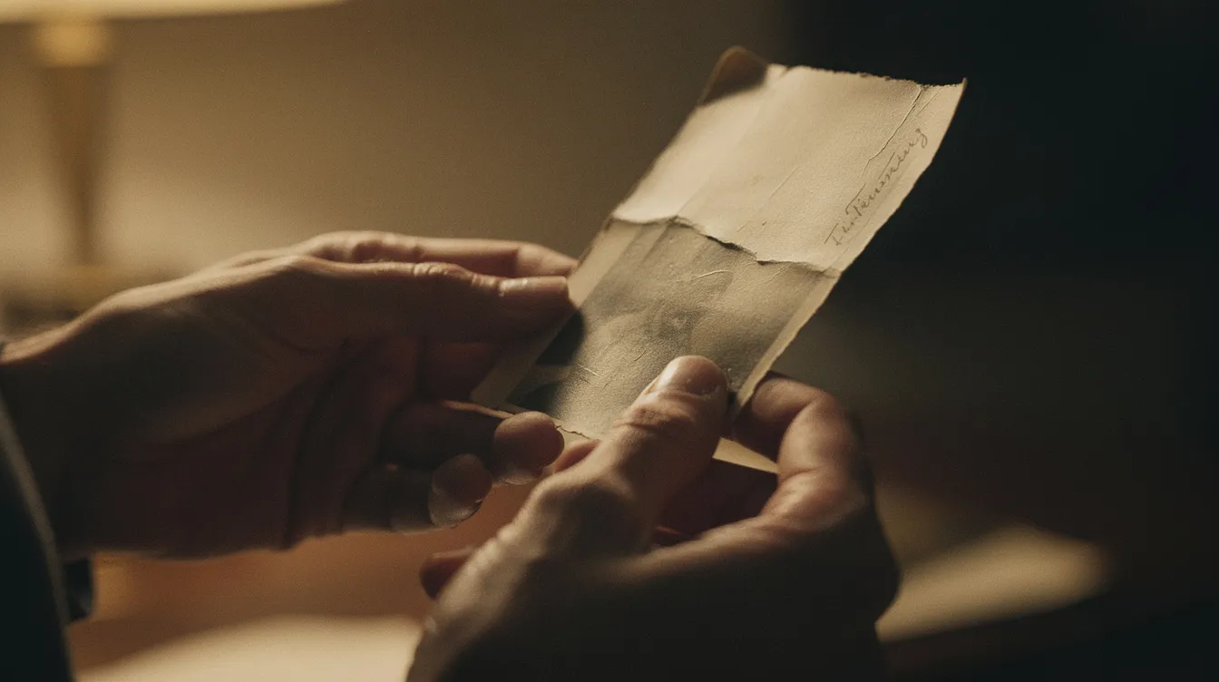 In dieser Filmszene betrachtet eine Person mit nachdenklichem Ausdruck ein altes, vergilbtes Foto, während warmes Licht eine nostalgische Stimmung erzeugt. Die Nahaufnahme zeigt die Hände, die das Bild halten, und vermittelt einen tiefen Einblick in die Vergangenheit und die emotionale Bedeutung des Moments.