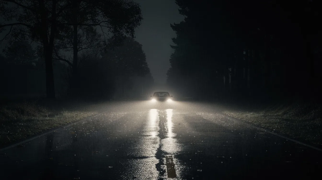 Eine nasse Landstraße bei Nacht wird von den Scheinwerfern eines Autos beleuchtet, während Regentropfen im Licht glitzern. Dunkle Bäume umgeben die Straße und schaffen eine geheimnisvolle Atmosphäre, die an die Reise von Tony Lip und Dr. Don Shirley aus "Green Book – Eine besondere Freundschaft" erinnert.