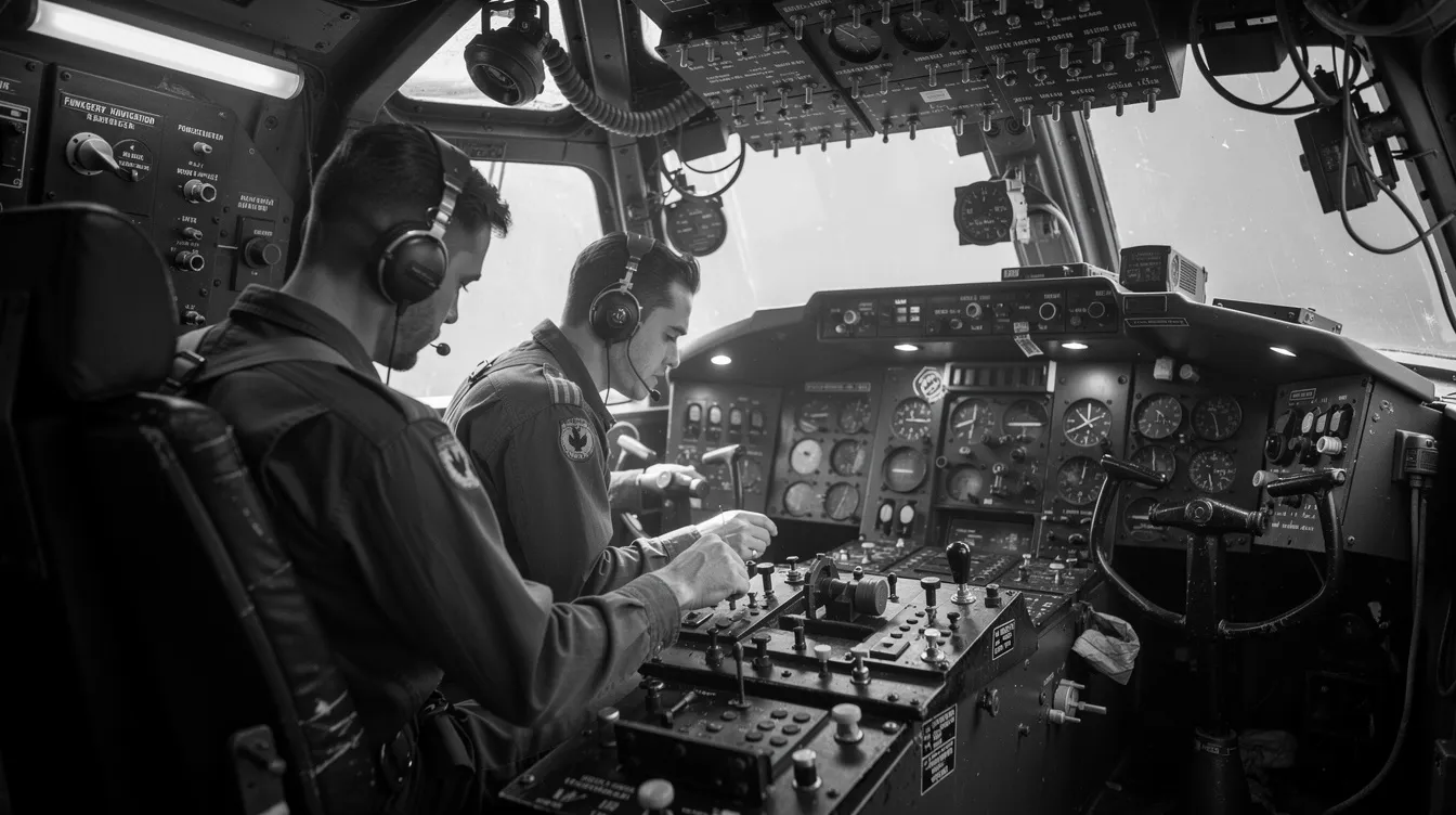 Das enge Cockpit eines Militärbombers zeigt Crew-Mitglieder, die konzentriert an verschiedenen Instrumenten und technischen Geräten arbeiten. Die düstere schwarz-weiße Atmosphäre erinnert an die Spannung des Kalten Krieges, während Funkausrüstung im Hintergrund auf die kritische Mission hinweist.