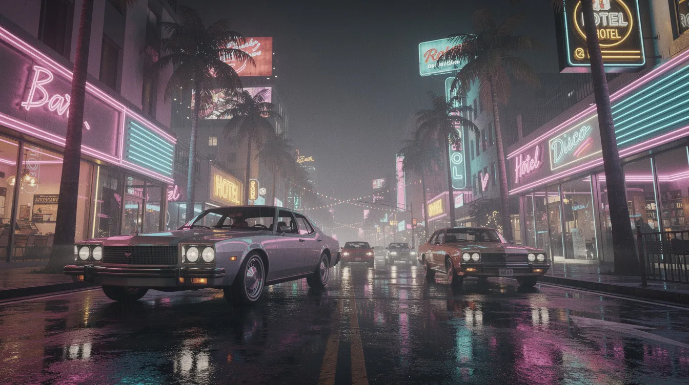 Die neonbeleuchtete Straßenszene bei Nacht erinnert an die 1980er Jahre mit Vintage-Autos, Palmen und leuchtenden Schildern, die eine Atmosphäre wie im Film "Scarface" schaffen. Diese lebendige Kulisse spiegelt das glamouröse und zugleich gefährliche Leben von Tony Montana wider, einem Drogenbaron im Herzen von Miami.