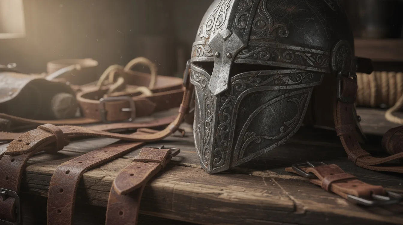Die Detailaufnahme zeigt antike Metallrüstungsteile, Lederriemen und einen kunstvoll verzierten Helm, die auf einem Holztisch liegen. Das warme Licht von der Seite betont die Struktur und das historische Flair dieser Gladiatorenausrüstung, die an Kämpfe in der Arena erinnert.
