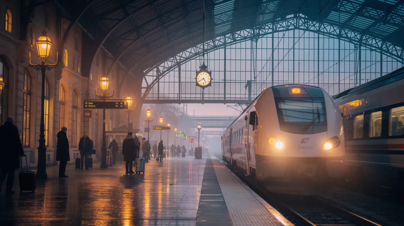 Die atmosphärische Aufnahme zeigt einen europäischen Bahnhof bei Abenddämmerung, an dem ein Zug einrollt und warme Lichter die Szene erhellen. Diese Kulisse erinnert an die romantischen Begegnungen in Filmen wie "Before Sunrise" und "Before Sunset", die die Themen Liebe und das Leben in Europa thematisieren.