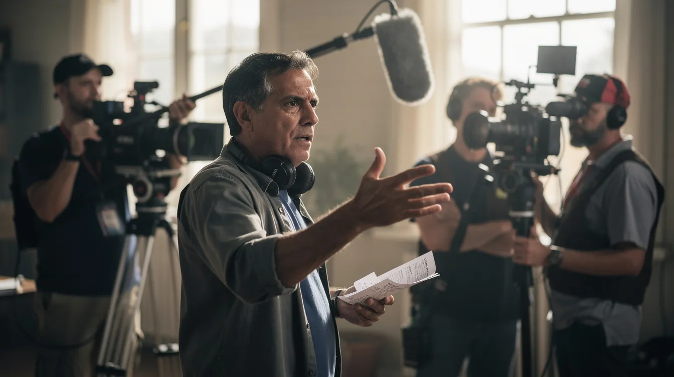 Ein Regisseur gibt auf einem Filmset Anweisungen, während ein Kamerateam im Hintergrund sichtbar ist. Natürliches Licht beleuchtet die Szene und betont die Details der Produktion.