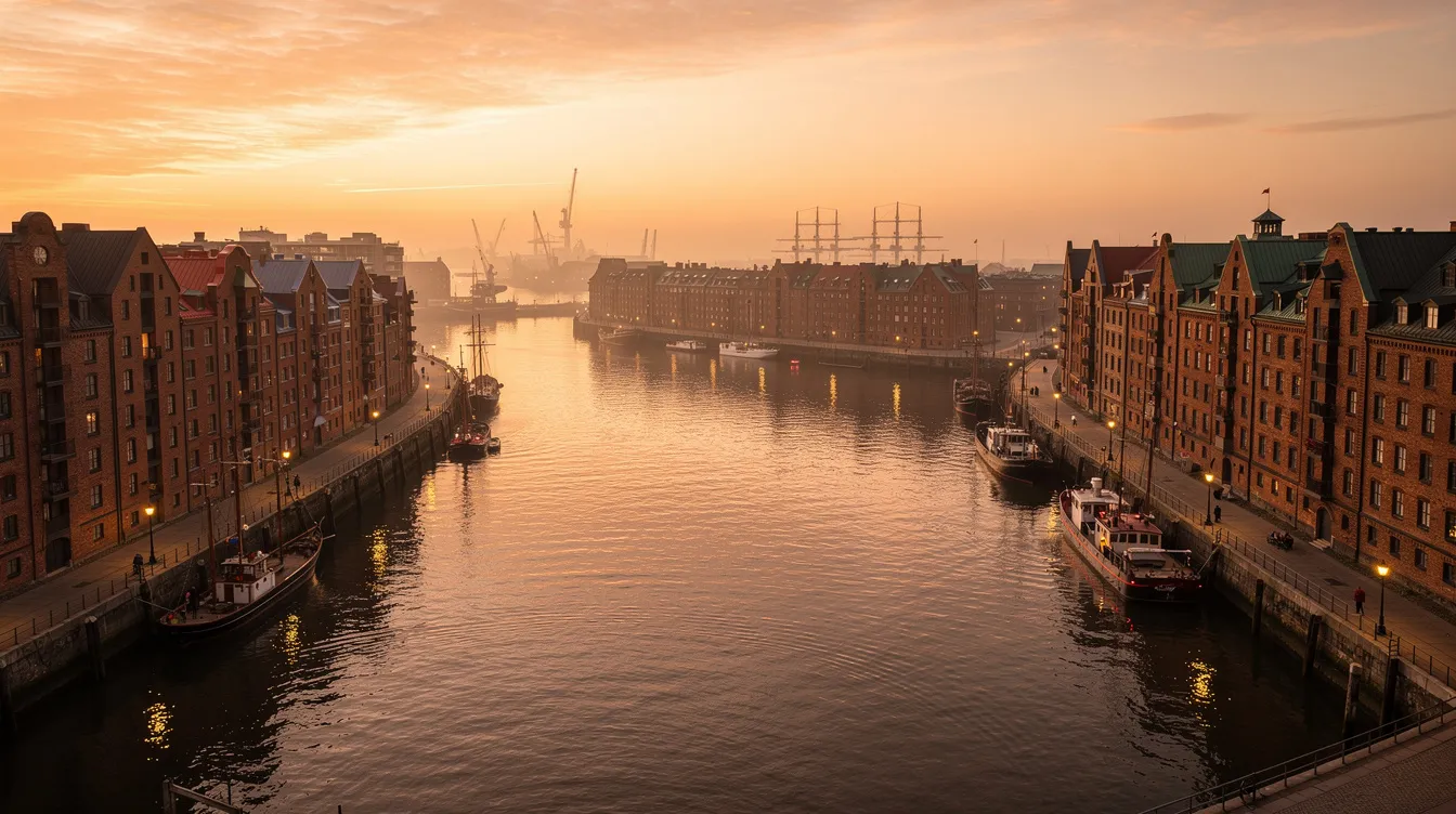 Der Panoramablick zeigt eine malerische Hafenstadt mit Backsteingebäuden, die im warmen Abendlicht leuchten, während ein ruhiger Fluss sanft durch die Stadt fließt. Diese Szenerie vermittelt ein Gefühl von Geschichte und Leben, ähnlich den Themen in Filmen wie "Good Will Hunting", die das Erwachsenwerden und die Auseinandersetzung mit der eigenen Identität thematisieren.
