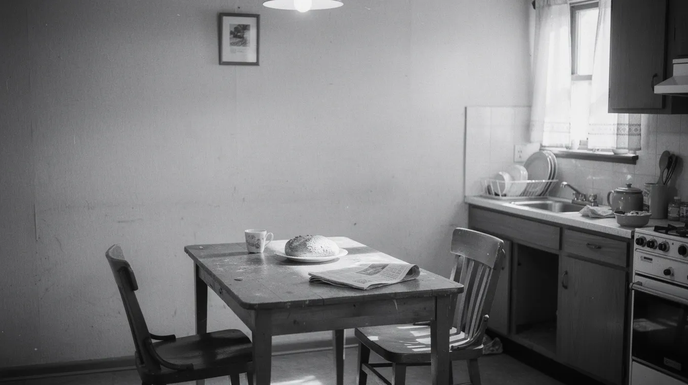 Das Bild zeigt eine kleine, enge Wohnung aus den 1950er-Jahren in Schwarz-Weiß, ausgestattet mit einem Esstisch, einer Küchennische und drei Stühlen, die eine alltägliche Atmosphäre ausstrahlt. Diese Szenerie erinnert an die Filme von François Truffaut, insbesondere an "Les Quatre Cents Coups", und vermittelt ein Gefühl von Nostalgie und einfacher Lebensweise.