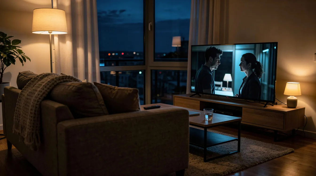 Das Bild zeigt ein gemütliches Wohnzimmer in Abendstimmung, in dem ein Fernseher eingeschaltet ist und eine dramatische Szene aus einer Serie abgespielt wird. Die Atmosphäre ist intensiv, während die Hauptdarsteller auf dem Bildschirm in einem spannenden Moment agieren, der die Zuschauer fesselt.
