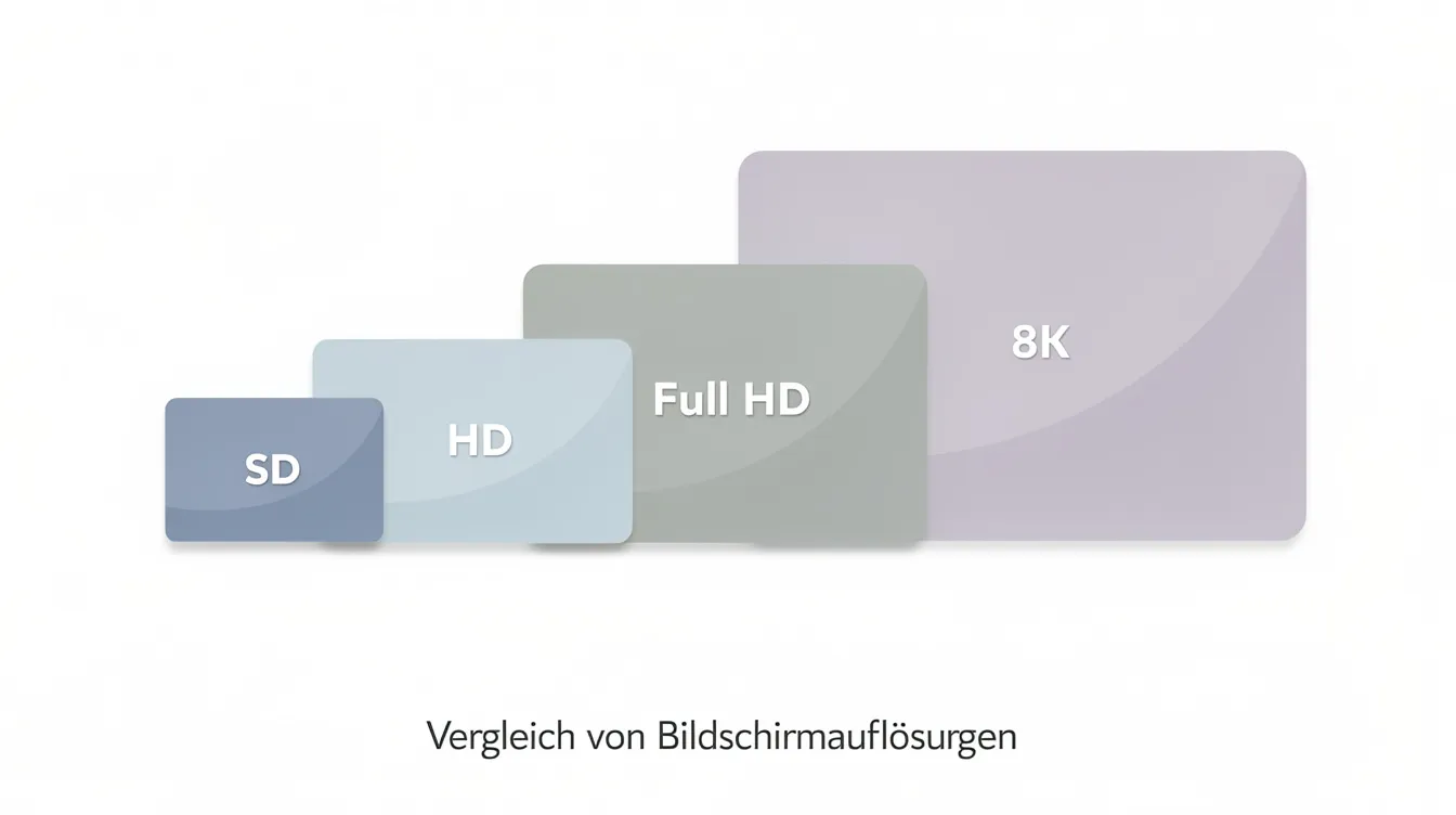 Das Bild zeigt gestapelte Kacheln in unterschiedlichen Größenverhältnissen, die den Unterschied zwischen SD, HD, Full HD, 4K und 8K Flächen proportional darstellen. Diese Kacheln verdeutlichen die variierenden Bildgrößen und Auflösungen, die in der modernen Medienproduktion verwendet werden.