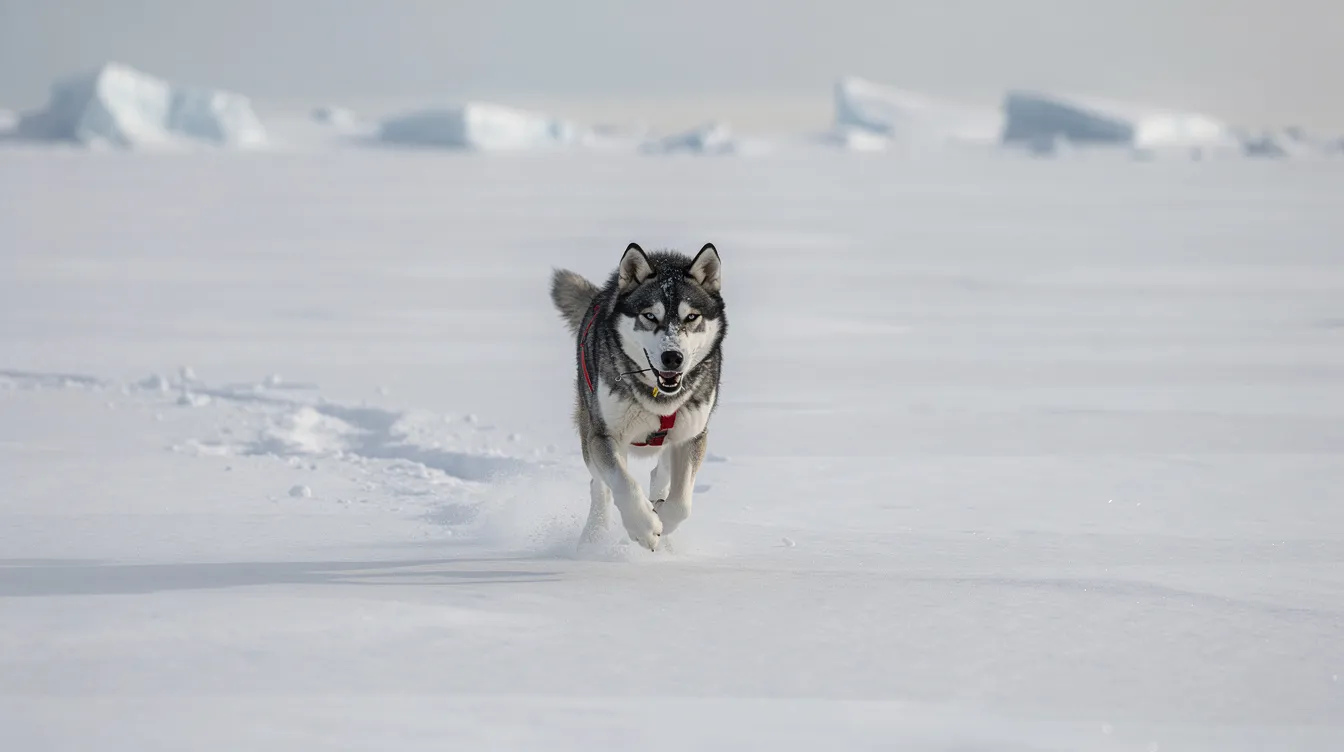 Ein einzelner Schlittenhund läuft durch eine weite, leere Schneelandschaft, während im Hintergrund ein fahler Himmel über dem Eis schwebt. Diese Szenerie erinnert an die düstere Atmosphäre von John Carpenters "The Thing", wo die Isolation und Kälte eine entscheidende Rolle spielen.