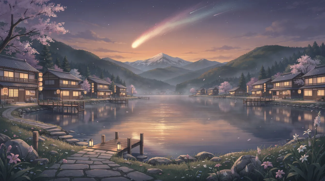Die malerische Anime-Landschaft zeigt einen ruhigen Bergsee, umgeben von traditionellen Häusern, während ein leuchtender Komet in der Abenddämmerung über den Himmel zieht. Diese Szene könnte aus einem Film wie "Your Name" stammen, der für seine eindrucksvollen Landschaften und emotionalen Begegnungen bekannt ist.