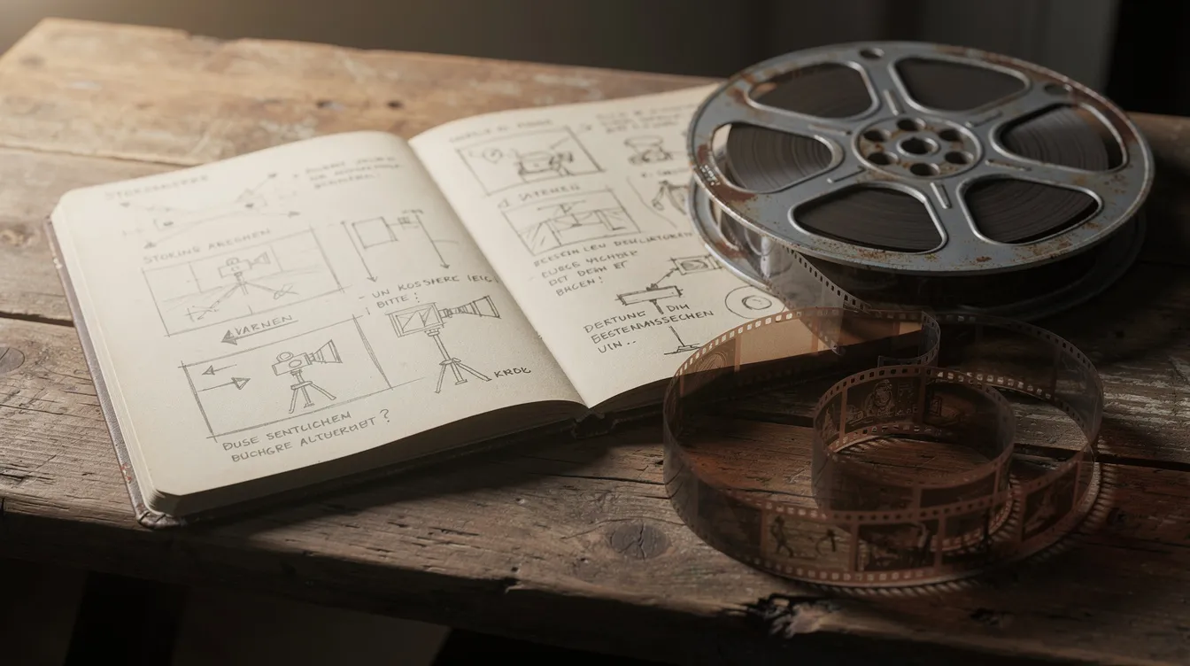 Auf einem Holztisch liegt ein Notizbuch mit Skizzen und Diagrammen, neben dem sich eine Filmrolle befindet. Diese Komposition könnte an die kreative Arbeit eines Regisseurs oder Autors erinnern, der in der Welt des Gaunerfilms tätig ist.