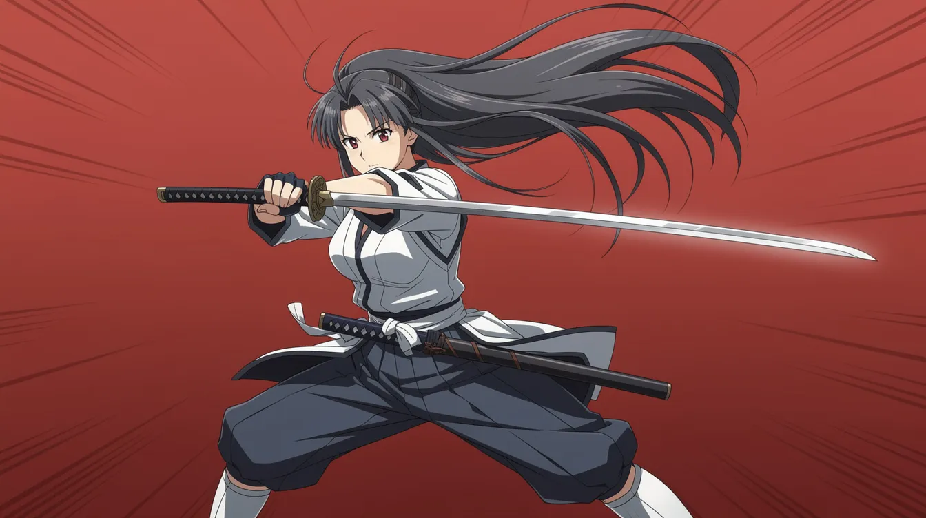 Eine weibliche Anime-Figur steht in einer dynamischen Pose mit einem Schwert vor einem leuchtend roten Hintergrund, der an den japanischen Zeichenstil erinnert. Diese Darstellung könnte an die Charaktere aus Quentin Tarantinos "Kill Bill" erinnern, insbesondere an die Braut, die für ihre Rache bekannt ist.