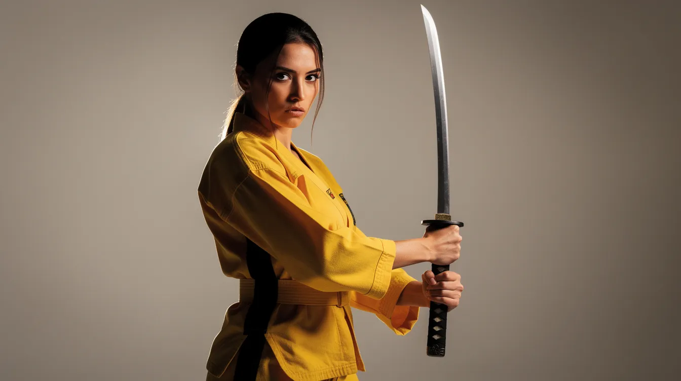 Eine entschlossene Frau in einem gelben Kampfanzug, die ein japanisches Schwert hält, steht vor einem minimalistischen Hintergrund mit dramatischer Beleuchtung, was an Quentin Tarantinos "Kill Bill" erinnert. Ihr kraftvoller Ausdruck und die markante Pose spiegeln die Themen von Rache und Kampf in diesem ikonischen Film wider.