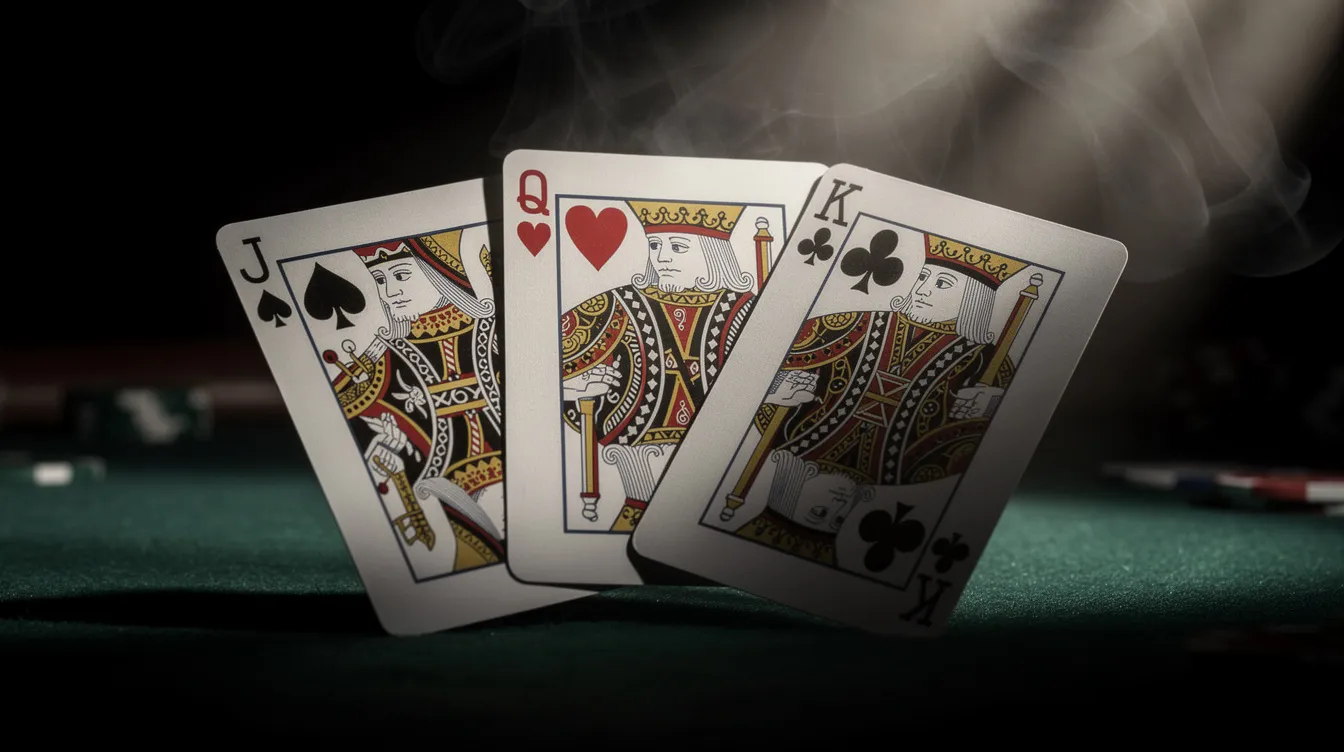 Auf dem dunkelgrünen Spieltisch sind drei Spielkarten – Bube, Dame und König – aufgefächert. Dramatisches Seitenlicht und Rauch im Hintergrund verleihen der Szene eine mysteriöse Atmosphäre.