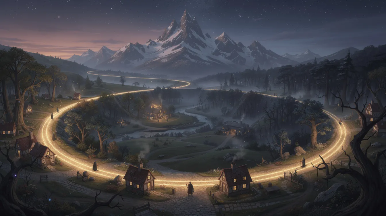 Das Bild zeigt eine kreisförmige Reise durch verschiedene Landschaften, beginnend in einem friedlichen Dorf, gefolgt von dunklen Wäldern und majestätischen Berggipfeln, die symbolisch für die Heldenreise stehen. Diese Darstellung verkörpert die archetypischen Elemente der Mythologie und die Entwicklung einer Heldin oder eines Helden auf ihrem Weg durch unterschiedliche Herausforderungen und Erfahrungen.