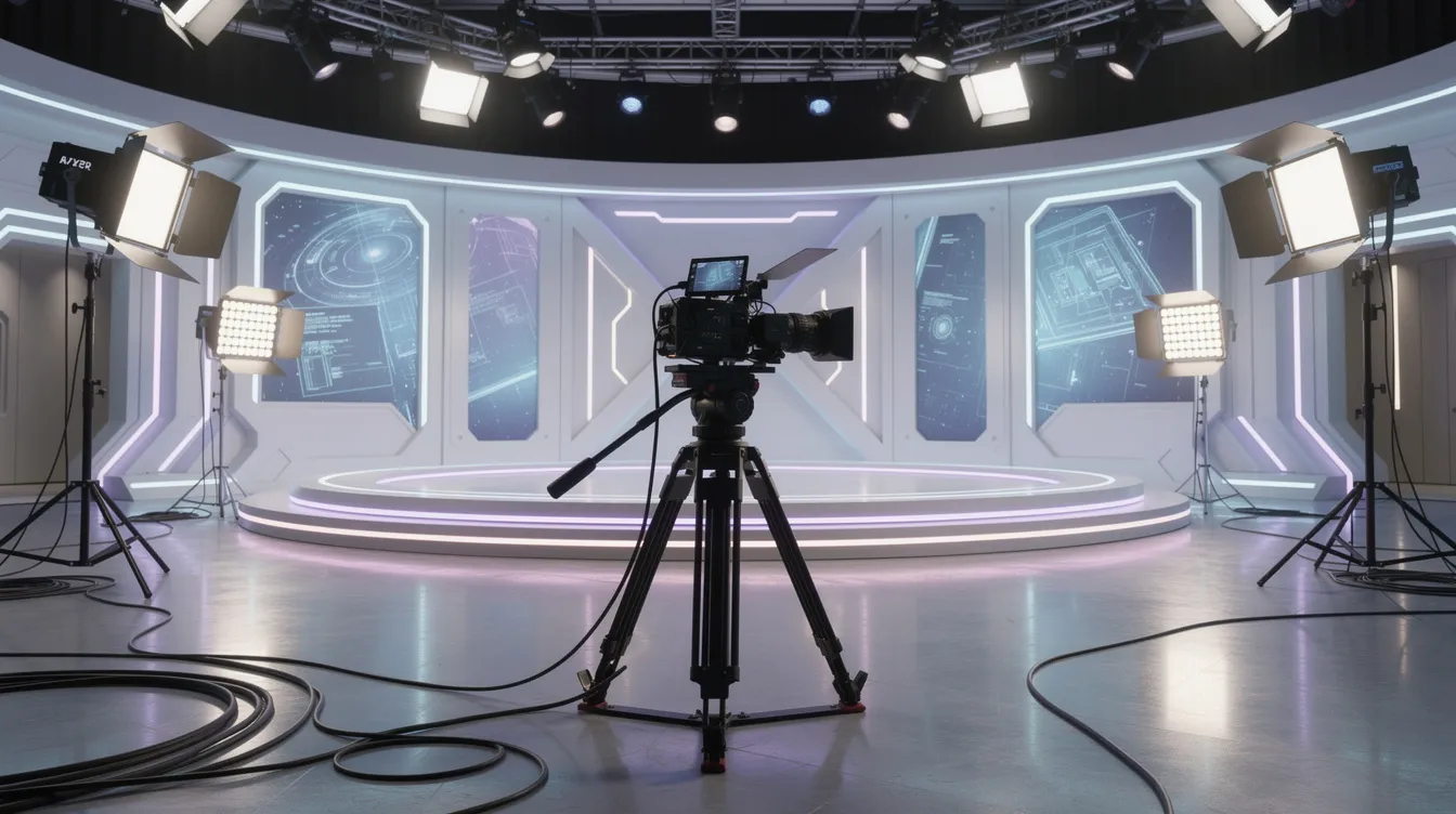 Die helle, moderne Filmstudioszene zeigt ein Kamerastativ und Scheinwerfer, umgeben von einer futuristisch gestalteten Kulisse, die an dystopische und utopische Themen aus Science-Fiction-Filmen erinnert. Diese Atmosphäre vermittelt das Gefühl einer kreativen Welt, in der Filmgeschichte und innovative Ideen aufeinandertreffen.