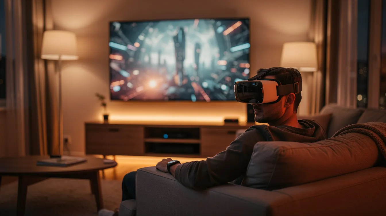 Eine Person trägt eine VR-Brille und sitzt in einem gemütlichen Wohnzimmer, das von warmem Licht erleuchtet wird. Im Hintergrund ist ein großer Bildschirm zu sehen, der eine futuristische Filmerlebnis-Atmosphäre schafft, ideal für Filmfans und Liebhaber von Komödien und Klassikern.