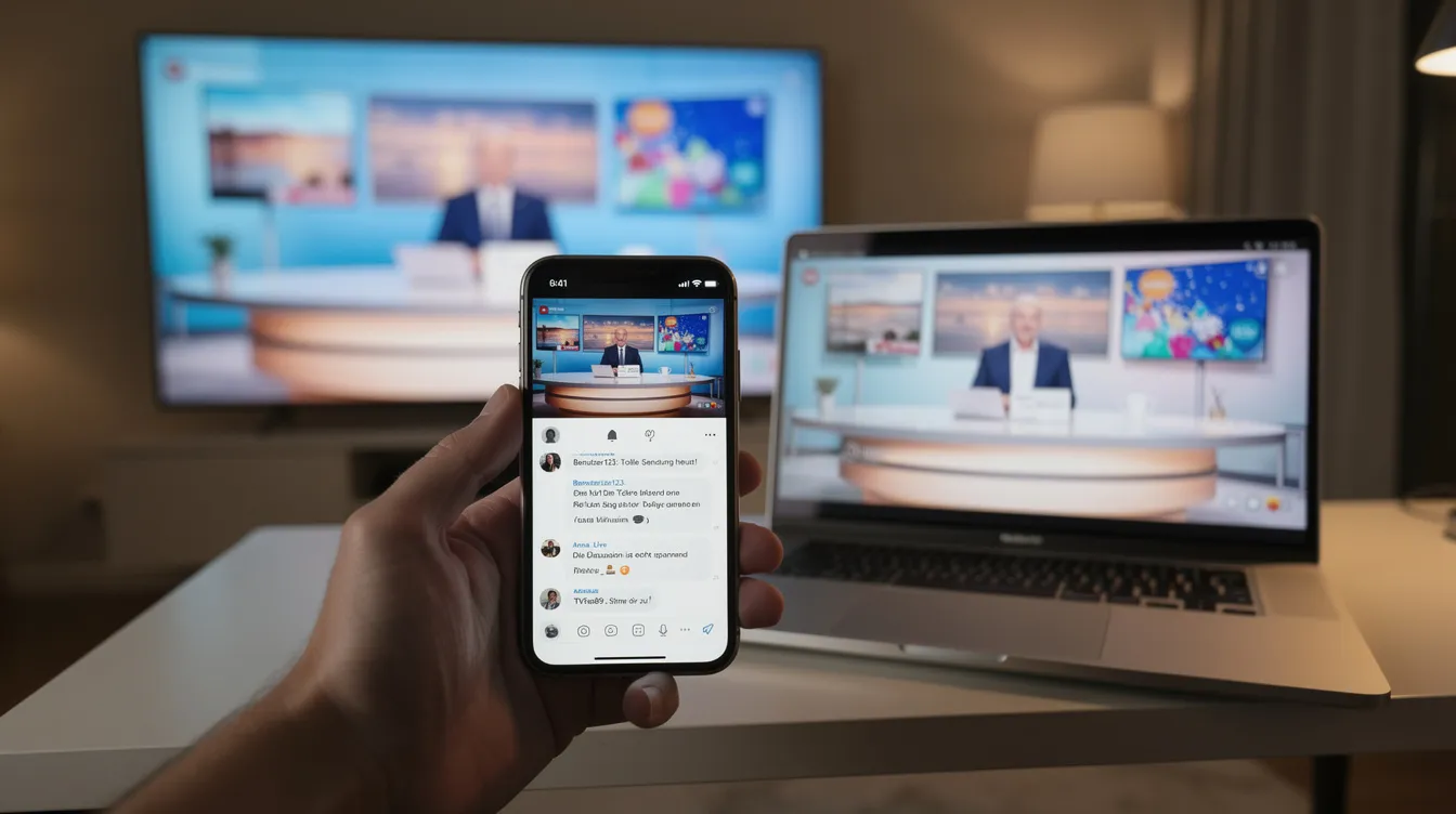 Das Bild zeigt mehrere Bildschirme nebeneinander: einen Fernseher, ein Smartphone und einen Laptop, die alle Teile derselben Fernsehsendung anzeigen. Auf dem Smartphone sind Kommentarspalten von Zuschauern zu sehen, die das Phänomen des "Hate Watching" und die unterschiedlichen Emotionen der Zuschauer widerspiegeln.