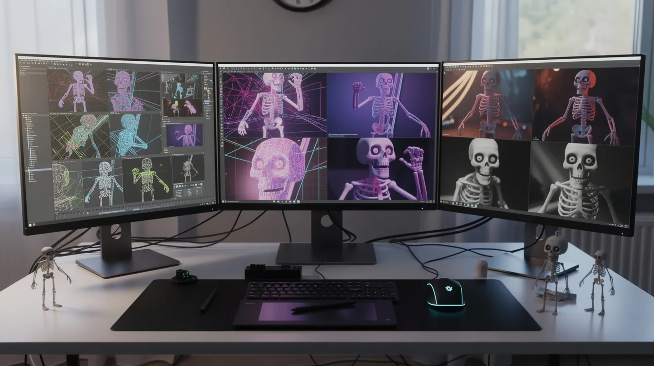 Der digitale Arbeitsplatz eines Künstlers zeigt mehrere Computerbildschirme, die farbenfrohe 3D-Charakter-Wireframes und gerenderte Animationsrahmen von Skelettcharakteren präsentieren, die lebendiger als das Leben wirken. Diese kreative Umgebung spiegelt das Talent und die Leidenschaft für Animation und Film wider, inspiriert von Klassikern wie "Coco".