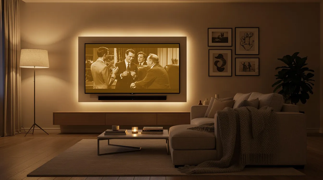 Das Bild zeigt ein modernes Wohnzimmer mit einem großen Bildschirm, auf dem warme, goldene Farbtöne eines klassischen Films, wie "Gone with the Wind", zu sehen sind. Die gemütliche Atmosphäre wird durch ein einladendes Sofa und gedämpftes Licht unterstrichen, was an die romantische Liebesgeschichte von Scarlett O'Hara und Rhett Butler erinnert.