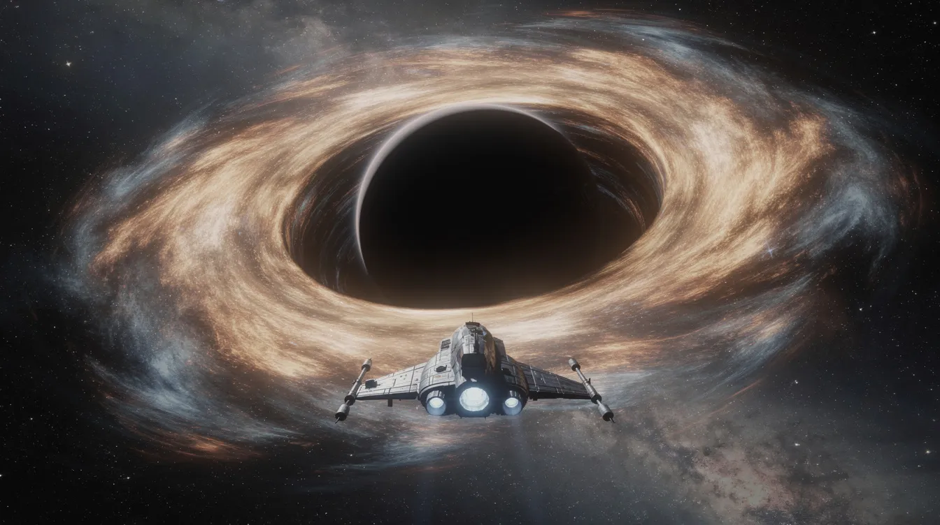 Das Bild zeigt ein gewaltiges schwarzes Loch im Weltraum, umgeben von einem leuchtenden Akkretionsring, während ein kleines Raumschiff im Vordergrund schwebt. Diese beeindruckende Darstellung erinnert an die epischen Science-Fiction-Filme von Regisseuren wie Christopher Nolan.