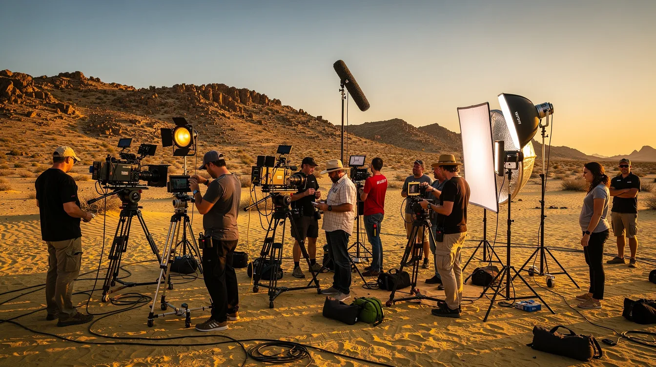 Auf dem Filmset in einer Wüstenlandschaft stehen Mitglieder der Filmcrew mit Kameraequipment, Scheinwerfern und Reflektoren im Sand, während im Hintergrund karge Hügel zu sehen sind. Diese Szenerie könnte an "Star Wars Episode IV: Eine neue Hoffnung" erinnern, wo der Wüstenplanet Tatooine eine zentrale Rolle spielt.