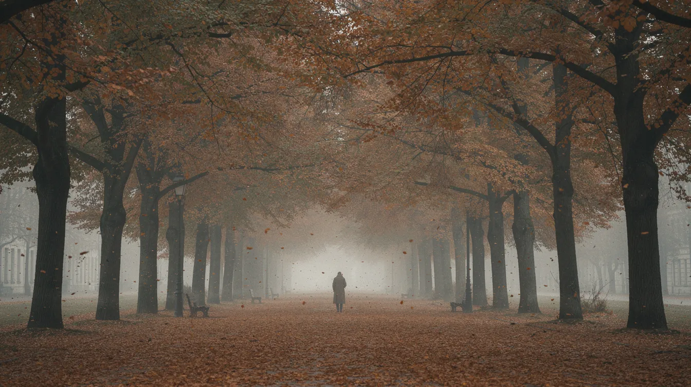 Eine lange, baumbestandene Allee im Herbst zeigt fallendes Laub in gedeckten Farben, während eine einzelne Figur in der Ferne verschwindet. Diese Szene könnte an die düstere Atmosphäre aus „Der dritte Mann“ erinnern, wo Geheimnisse und Intrigen in einer städtischen Umgebung verborgen sind.