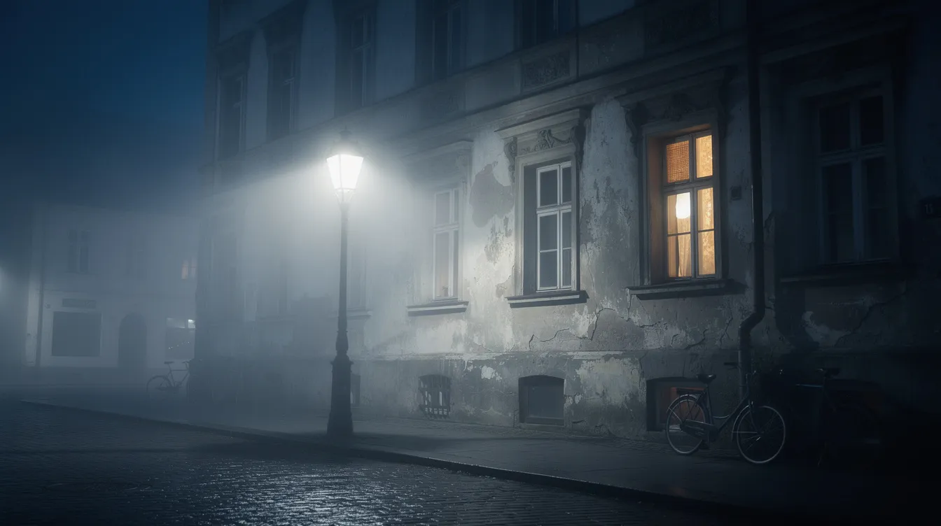 Die nebelverhangene Straßenszene bei Nacht zeigt ein altes Stadthaus, dessen Fassade durch das Licht einer einzelnen Straßenlaterne dramatisch beleuchtet wird. Im oberen Stockwerk strahlt ein warmes Licht aus einem Fenster, was an die düstere Atmosphäre des Horrorklassikers "Der Exorzist" erinnert.