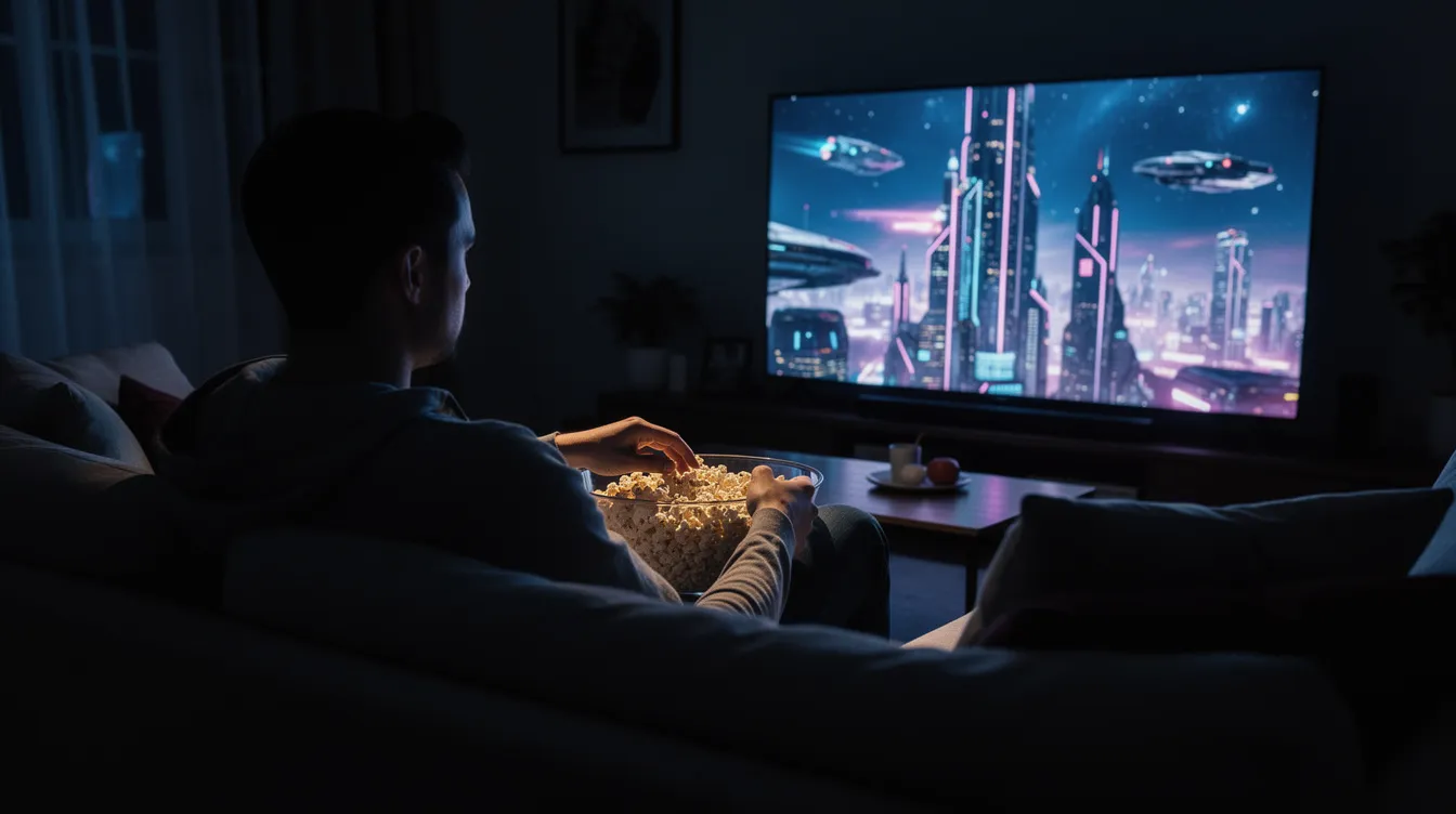 Eine Person sitzt in einem dunklen Wohnzimmer vor einem großen Fernseher, auf dem ein spannendes Science-Fiction-Szenario zu sehen ist, während sie eine Schüssel Popcorn auf dem Schoß hält. Die Szene könnte Teil einer beliebten Serie oder eines Films sein, der die Zuschauer in eine andere Welt entführt.